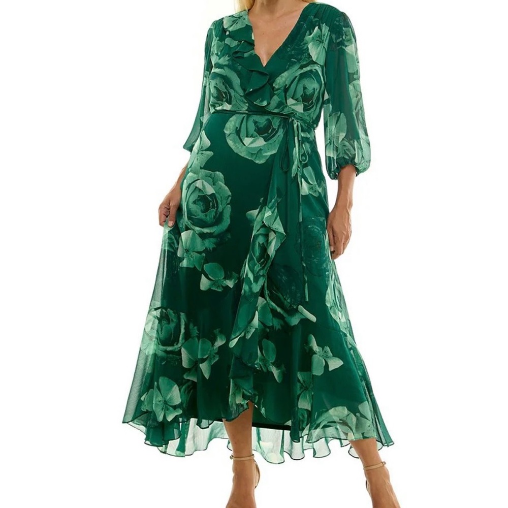 Elegant Green Floral Wrap Dress